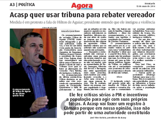 JORNAL AGORA: “Acasp quer usar tribuna para rebater vereador” hilton de aguiar - jornal agora